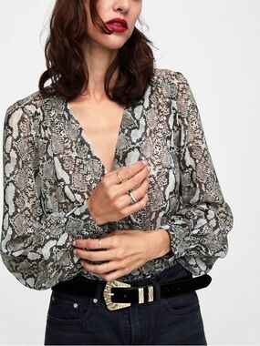 Zara Snakeskin Print Plunge Bodysuit Sheer Wrap Top Sexy Night Out Chic